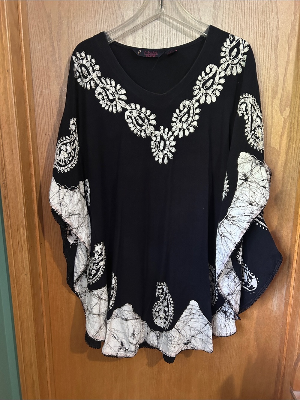 Black Embroidered Boho Tunic Top with White Paisley Accents